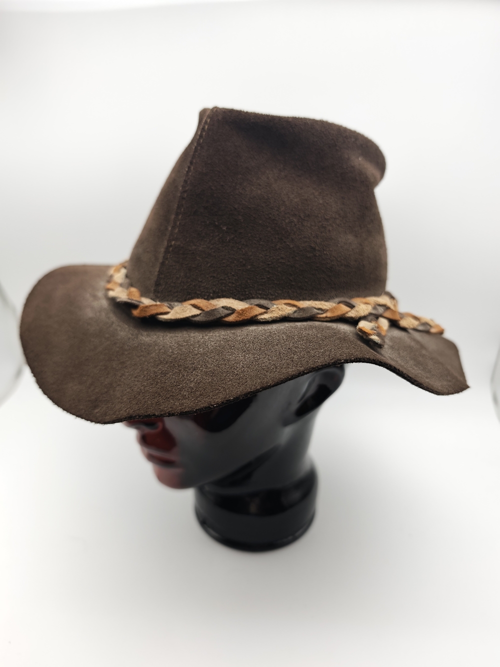 Vintage Skullys Brown Suede Leather Fedora Hat Braided Band Unisex Western Boho
